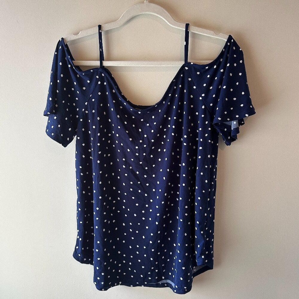Kaileigh Navy Polka Dot Cold Shoulder Top Crisscross Back Knit Blouse | Size L